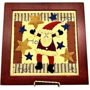 Vtg Wooden Framed Quilted Christmas Santa Stars Hand Made Signed Hanging Decor